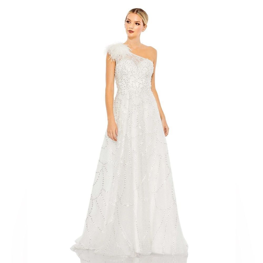 Mac Duggal White One-Shoulder Maxi Dress